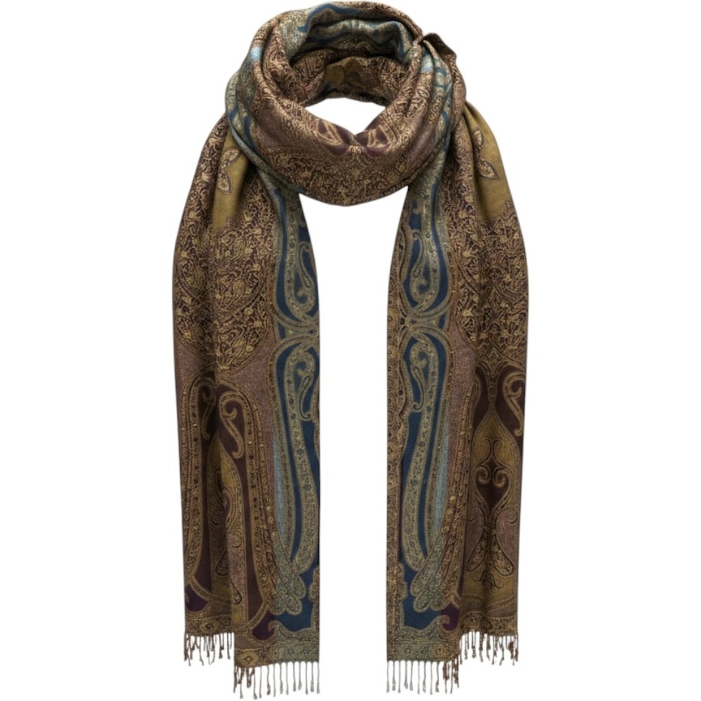 Collection Eighteen Paisley Scarf Gold Blue Metallic Fringed Pashmina 79" x 21"